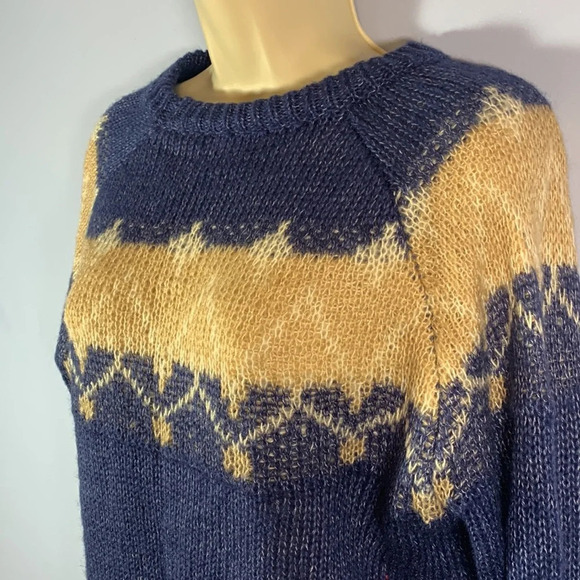 100% mohair tan blue white womens size large crew neck sweater Scandinavian knit - Picture 2 of 9